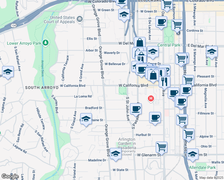 map of restaurants, bars, coffee shops, grocery stores, and more near in Pasadena