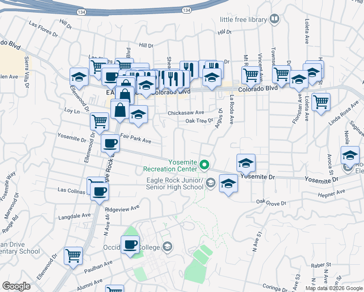 map of restaurants, bars, coffee shops, grocery stores, and more near 4955 Highland View Avenue in Los Angeles