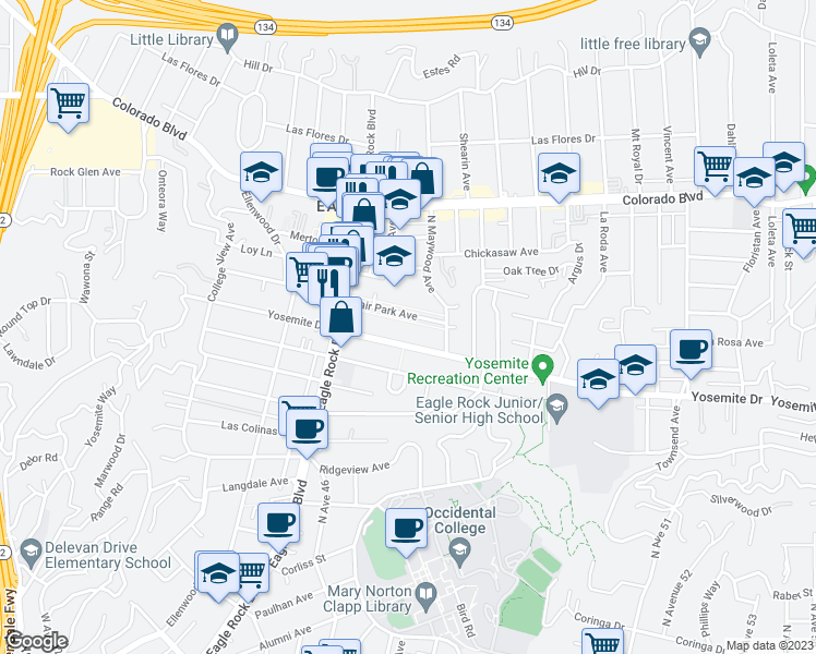 map of restaurants, bars, coffee shops, grocery stores, and more near 2020 Fair Park Avenue in Los Angeles