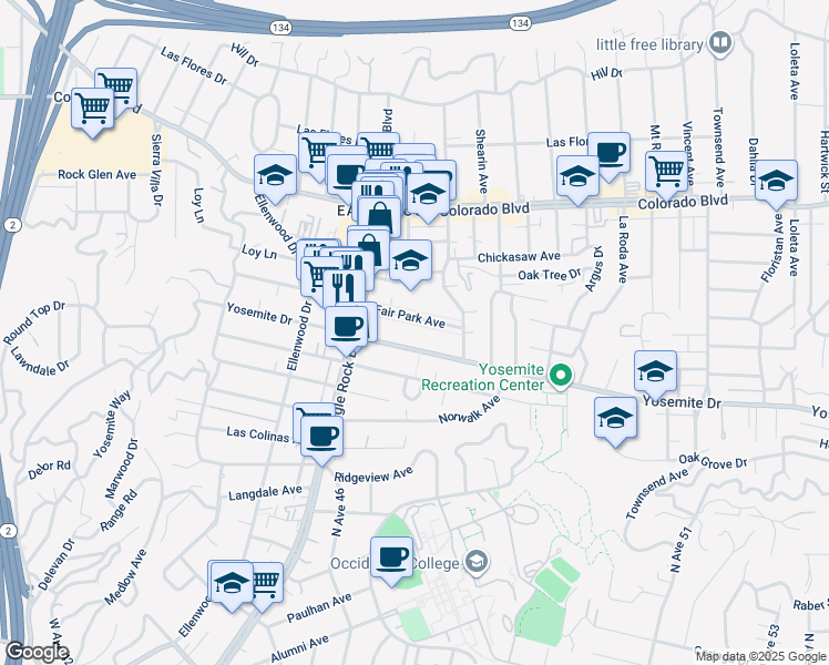 map of restaurants, bars, coffee shops, grocery stores, and more near 2108 Fair Park Avenue in Los Angeles