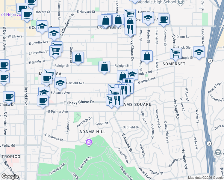 map of restaurants, bars, coffee shops, grocery stores, and more near 1009 East Acacia Avenue in Glendale