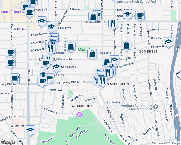 map of restaurants, bars, coffee shops, grocery stores, and more near 916 1/2 East Garfield Avenue in Glendale