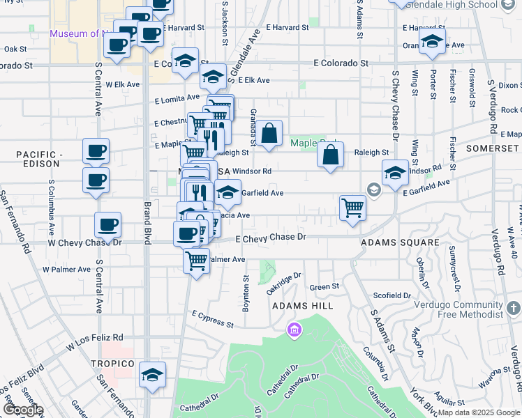map of restaurants, bars, coffee shops, grocery stores, and more near 600 East Garfield Avenue in Glendale