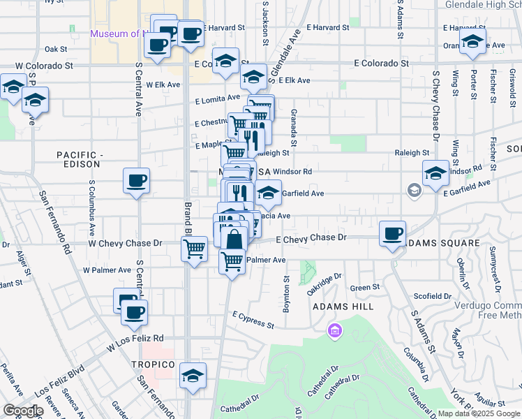map of restaurants, bars, coffee shops, grocery stores, and more near 910 South Glendale Avenue in Glendale