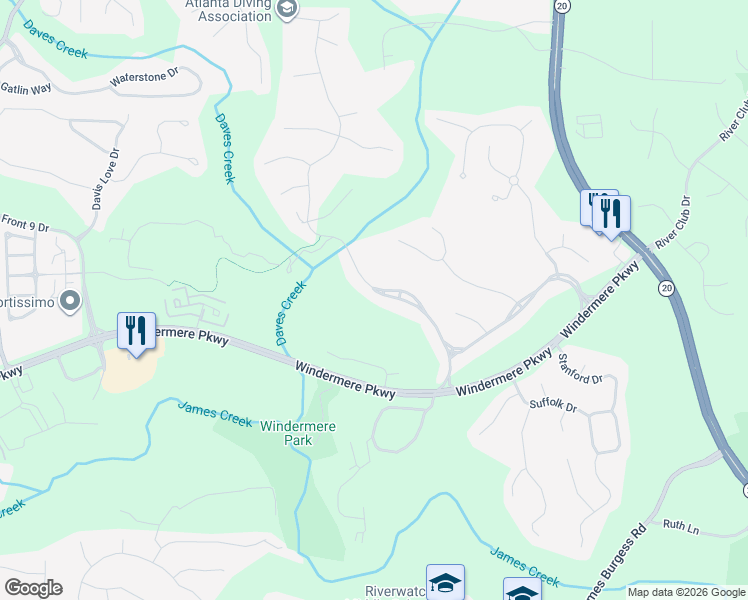map of restaurants, bars, coffee shops, grocery stores, and more near 1059 Windermere Crossing in Cumming