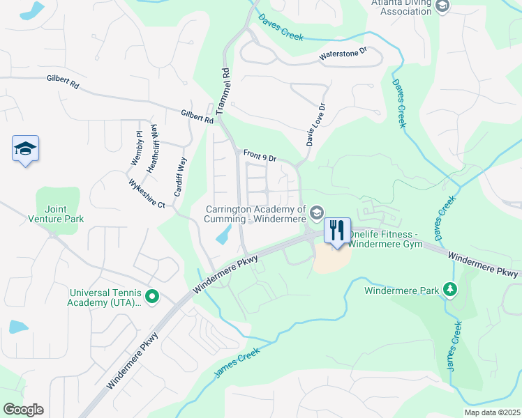 map of restaurants, bars, coffee shops, grocery stores, and more near 6315 Manningtree Court in Cumming
