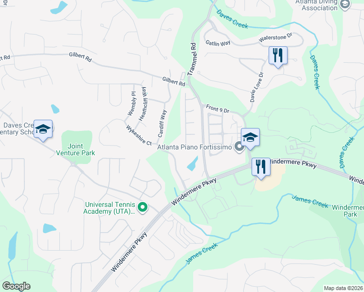 map of restaurants, bars, coffee shops, grocery stores, and more near 3350 Crooked Stick Drive in Cumming