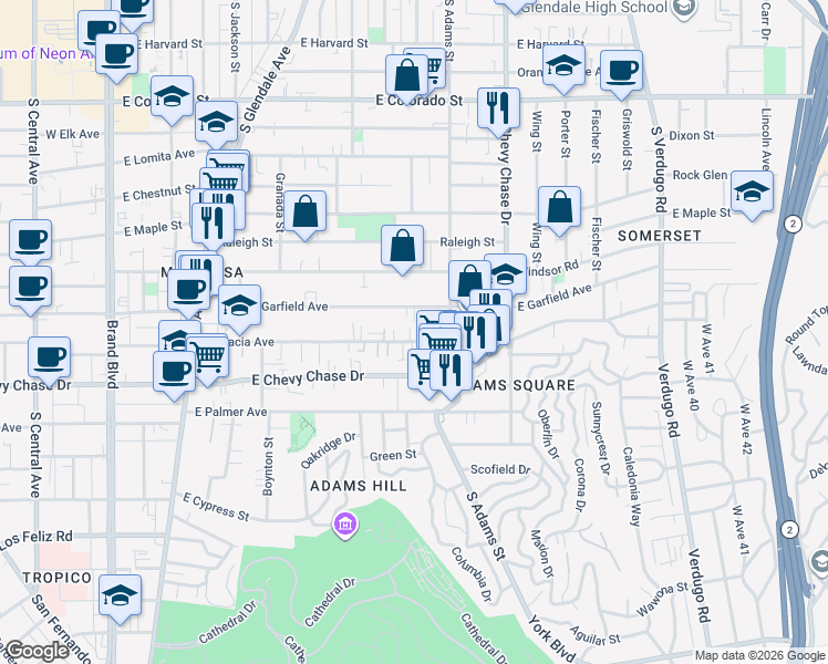 map of restaurants, bars, coffee shops, grocery stores, and more near 919 East Acacia Avenue in Glendale