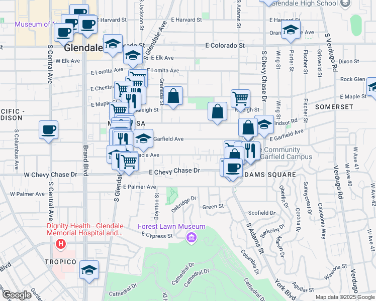 map of restaurants, bars, coffee shops, grocery stores, and more near 711 East Acacia Avenue in Glendale