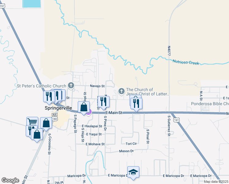 map of restaurants, bars, coffee shops, grocery stores, and more near 650-698 Navajo Street in Springerville