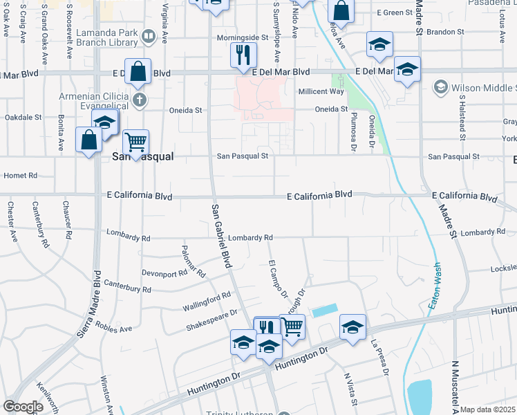 map of restaurants, bars, coffee shops, grocery stores, and more near 2840 East California Boulevard in Pasadena
