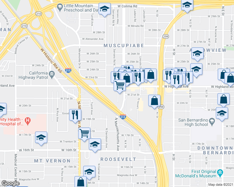 map of restaurants, bars, coffee shops, grocery stores, and more near 2198 North Massachusetts Avenue in San Bernardino