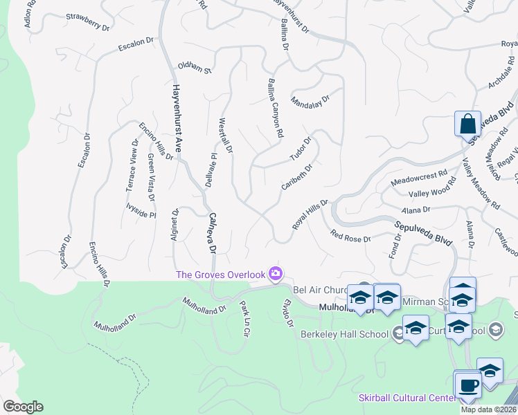 map of restaurants, bars, coffee shops, grocery stores, and more near 3526 Westfall Drive in Los Angeles