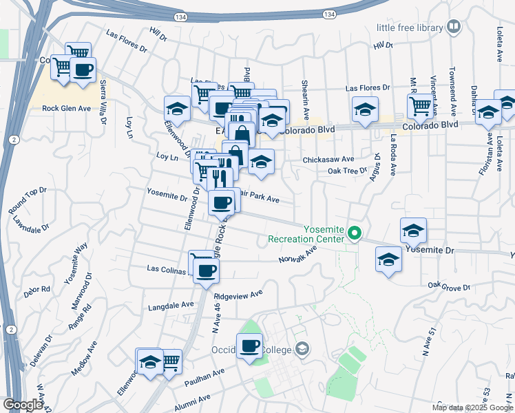 map of restaurants, bars, coffee shops, grocery stores, and more near 2100 Fair Park Avenue in Los Angeles