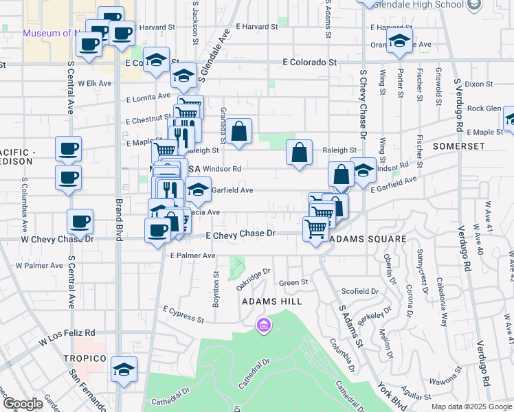 map of restaurants, bars, coffee shops, grocery stores, and more near 711 East Acacia Avenue in Glendale