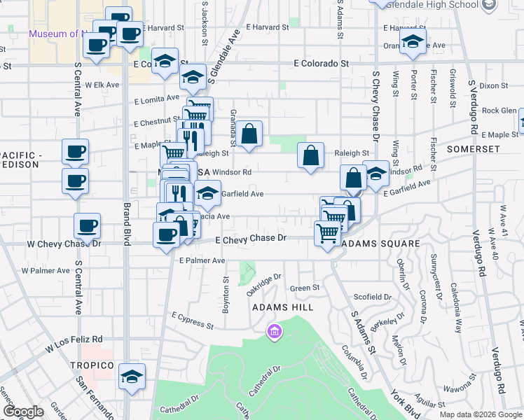 map of restaurants, bars, coffee shops, grocery stores, and more near 704 East Garfield Avenue in Glendale