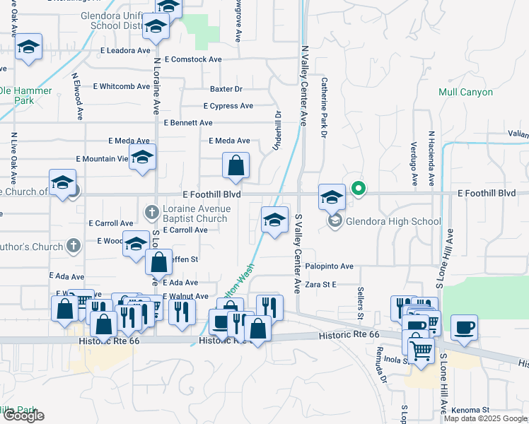 map of restaurants, bars, coffee shops, grocery stores, and more near 1420 East Foothill Boulevard in Glendora