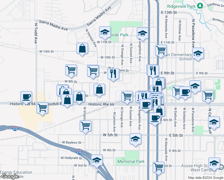 map of restaurants, bars, coffee shops, grocery stores, and more near 748 North McKeever Avenue in Azusa