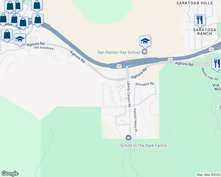 map of restaurants, bars, coffee shops, grocery stores, and more near 4110 Yankee Drive in Agoura Hills