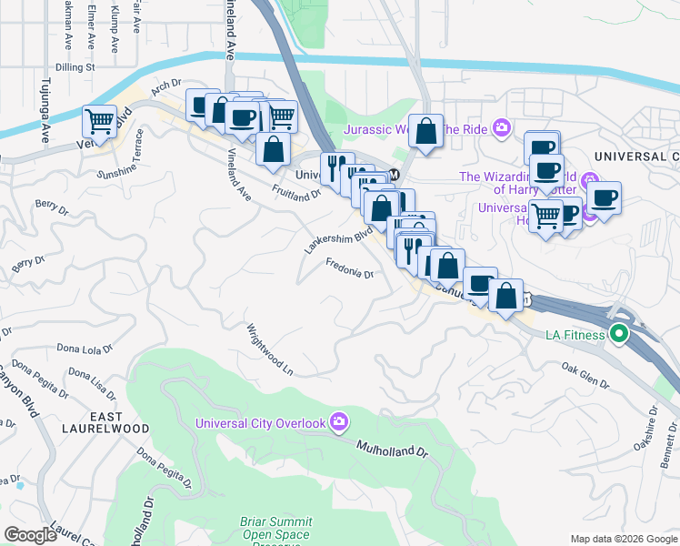 map of restaurants, bars, coffee shops, grocery stores, and more near 3946 Fredonia Drive in Los Angeles