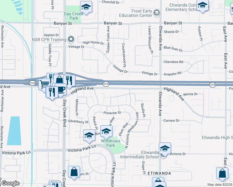 map of restaurants, bars, coffee shops, grocery stores, and more near 5218 Dogwood Place in Rancho Cucamonga