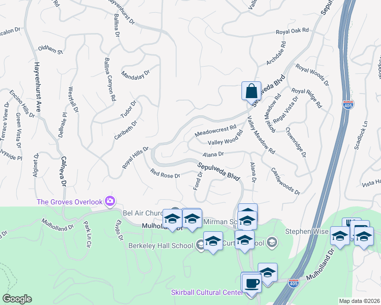map of restaurants, bars, coffee shops, grocery stores, and more near 3585 Alana Drive in Los Angeles