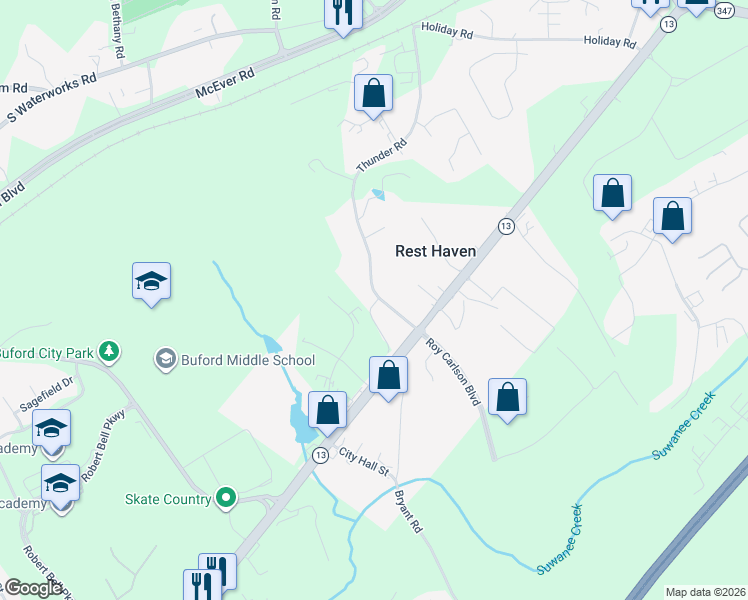 map of restaurants, bars, coffee shops, grocery stores, and more near 410 Thunder Road in Buford