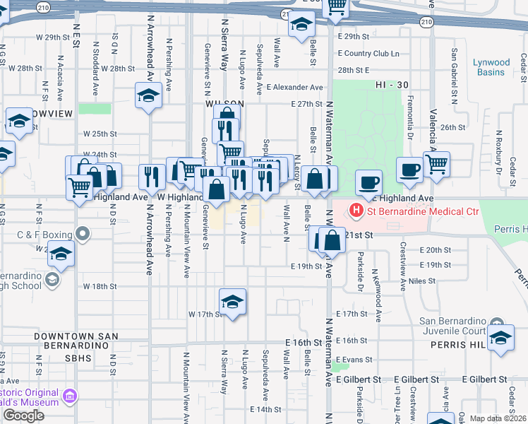 map of restaurants, bars, coffee shops, grocery stores, and more near in San Bernardino
