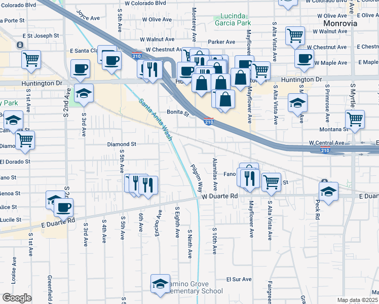 map of restaurants, bars, coffee shops, grocery stores, and more near 1514 Pilgrim Way in Monrovia