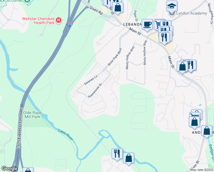 map of restaurants, bars, coffee shops, grocery stores, and more near 263 Hiawassee Drive in Woodstock