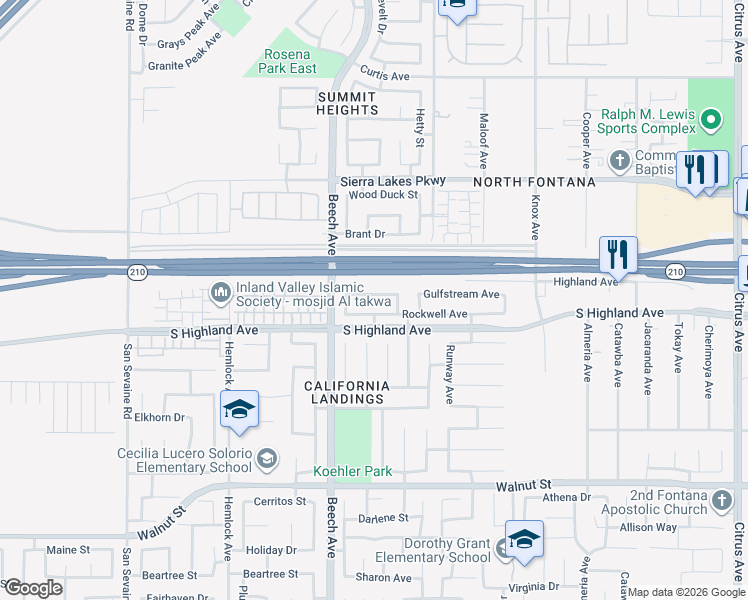 map of restaurants, bars, coffee shops, grocery stores, and more near 15372 Citation Avenue in Fontana