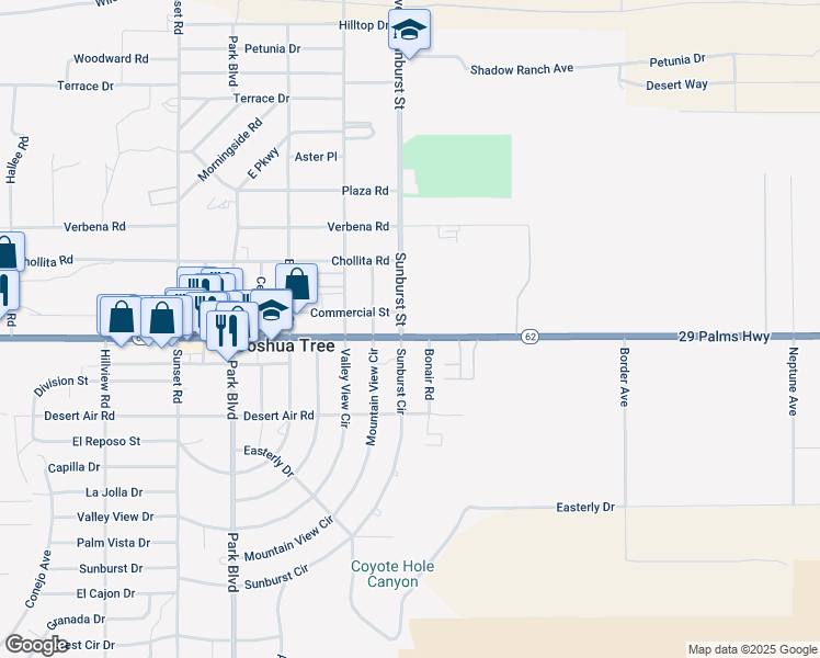 map of restaurants, bars, coffee shops, grocery stores, and more near 62090 29 Palms Highway in Joshua Tree