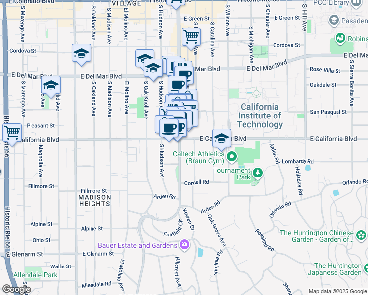 map of restaurants, bars, coffee shops, grocery stores, and more near 605 South Lake Avenue in Pasadena