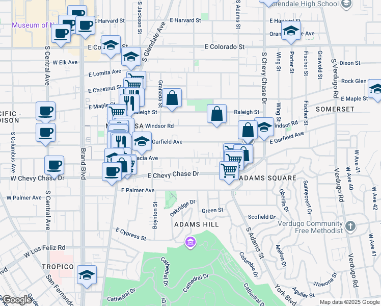 map of restaurants, bars, coffee shops, grocery stores, and more near 719 East Acacia Avenue in Glendale