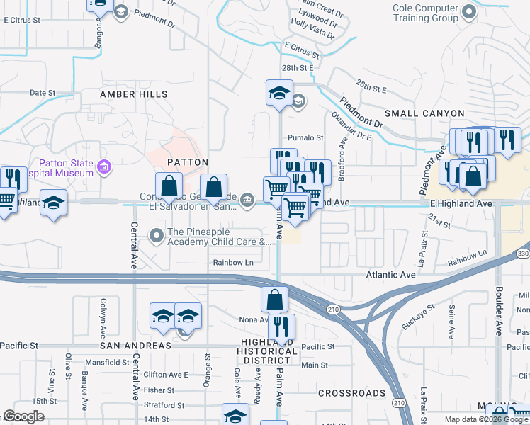 map of restaurants, bars, coffee shops, grocery stores, and more near 3553 East Highland Avenue in Highland