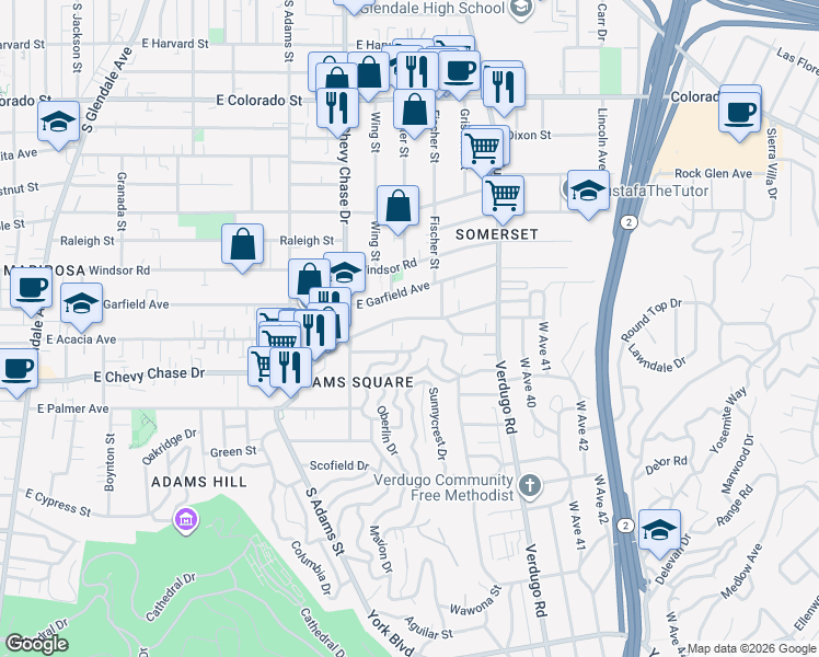 map of restaurants, bars, coffee shops, grocery stores, and more near 1310 East Acacia Avenue in Glendale