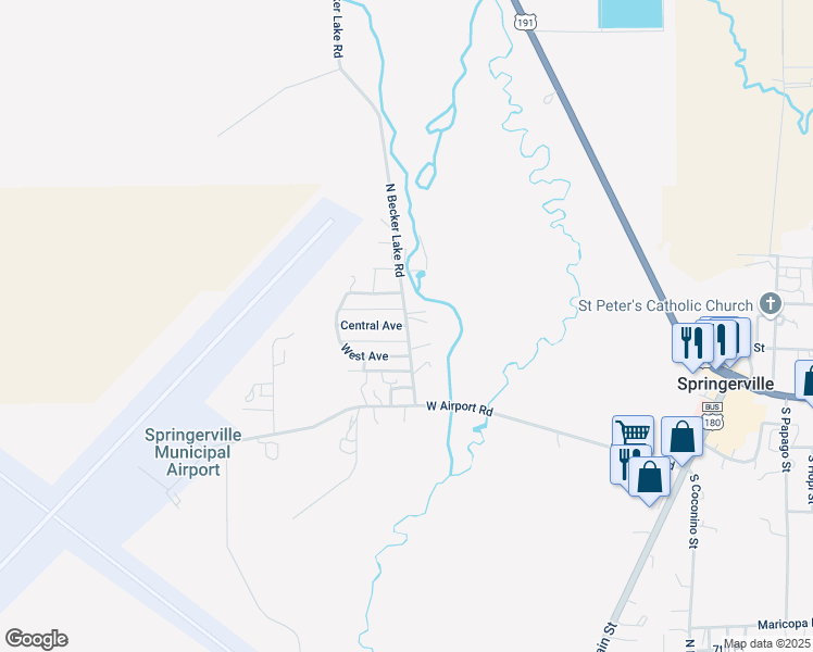 map of restaurants, bars, coffee shops, grocery stores, and more near 150 North Becker Lake Road in Springerville