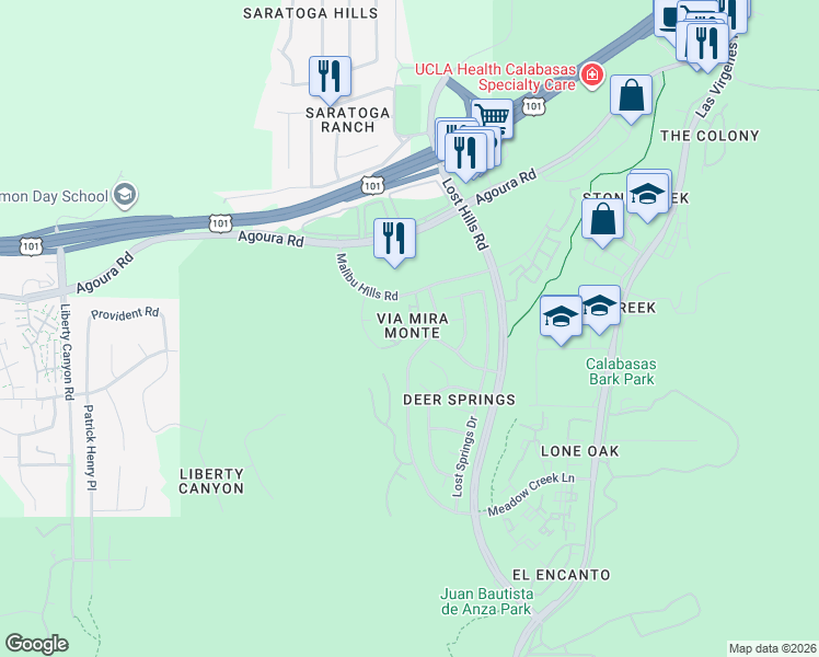 map of restaurants, bars, coffee shops, grocery stores, and more near 4229 Via Mira Monte in Agoura Hills