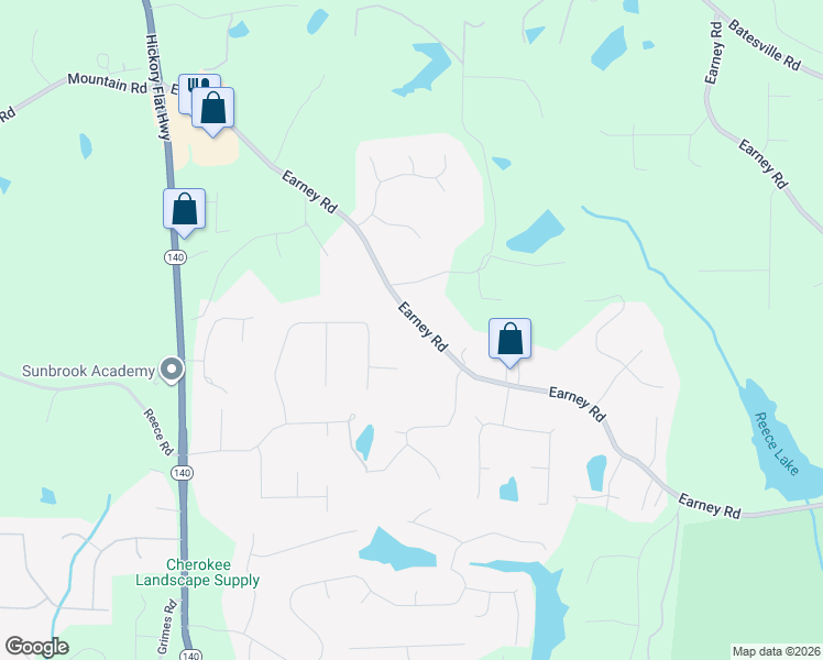 map of restaurants, bars, coffee shops, grocery stores, and more near 4279 Earney Road in Woodstock