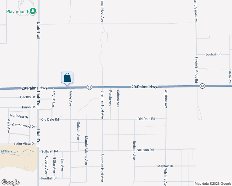 map of restaurants, bars, coffee shops, grocery stores, and more near 6539 Persia Avenue in Twentynine Palms