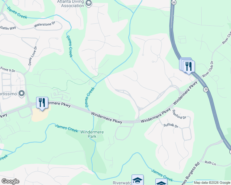 map of restaurants, bars, coffee shops, grocery stores, and more near 1059 Windermere Crossing in Cumming