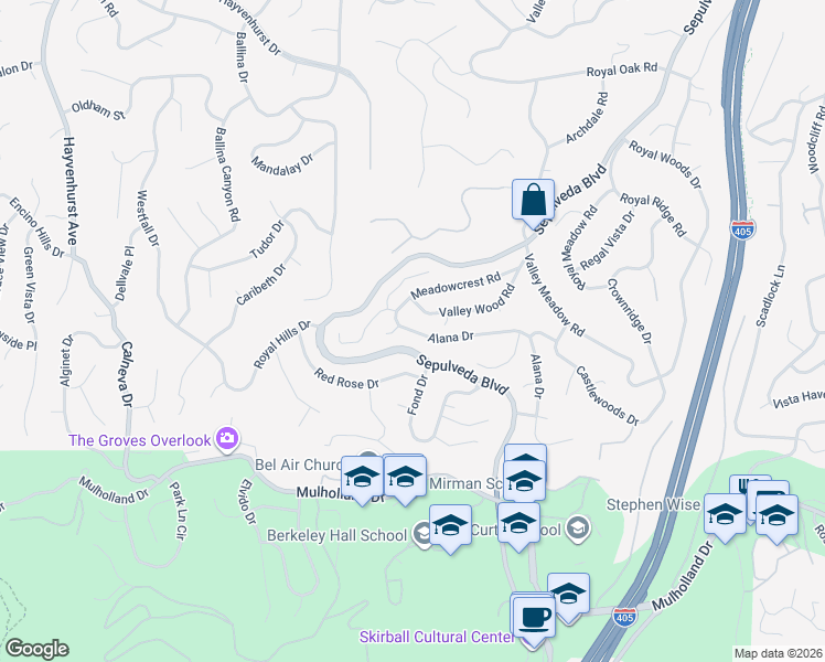 map of restaurants, bars, coffee shops, grocery stores, and more near 3585 Alana Drive in Los Angeles