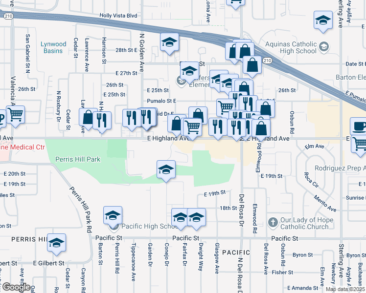 map of restaurants, bars, coffee shops, grocery stores, and more near 1359 East Highland Avenue in San Bernardino
