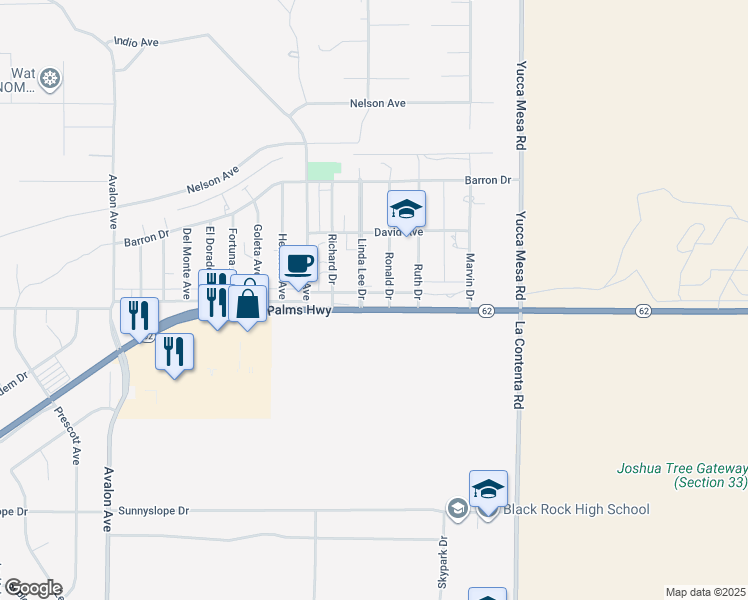 map of restaurants, bars, coffee shops, grocery stores, and more near 59006 Twentynine Palms Highway in Yucca Valley