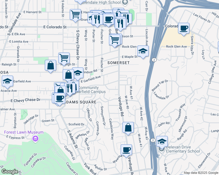 map of restaurants, bars, coffee shops, grocery stores, and more near 1355 Hilda Avenue in Glendale