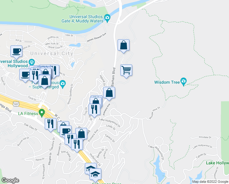 map of restaurants, bars, coffee shops, grocery stores, and more near 3200 Craig Drive in Los Angeles