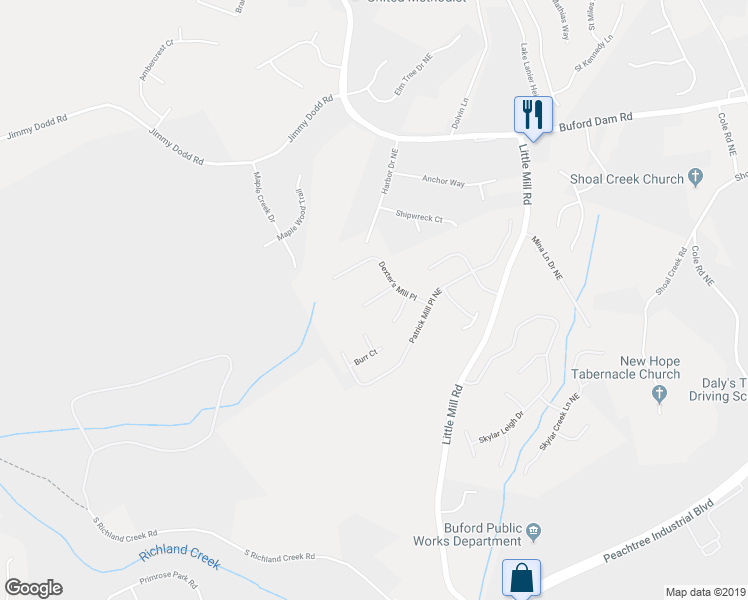 map of restaurants, bars, coffee shops, grocery stores, and more near 2266 Wind Lass Drive in Buford
