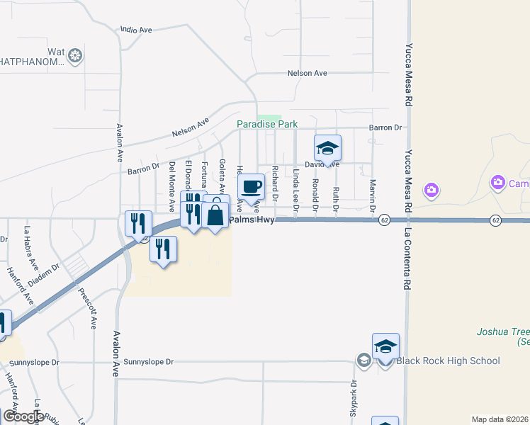 map of restaurants, bars, coffee shops, grocery stores, and more near California 62 in Yucca Valley