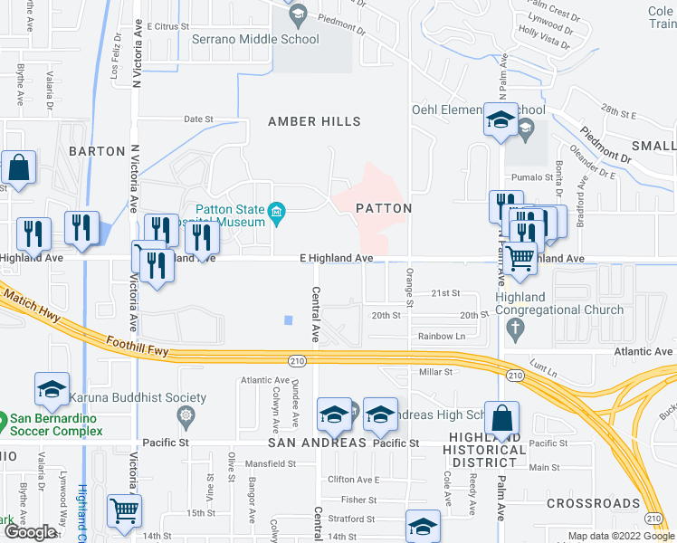 map of restaurants, bars, coffee shops, grocery stores, and more near 3251 Highland Avenue in Highland