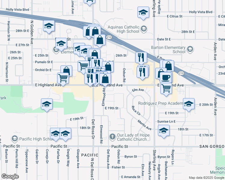 map of restaurants, bars, coffee shops, grocery stores, and more near 1755 East Highland Avenue in San Bernardino